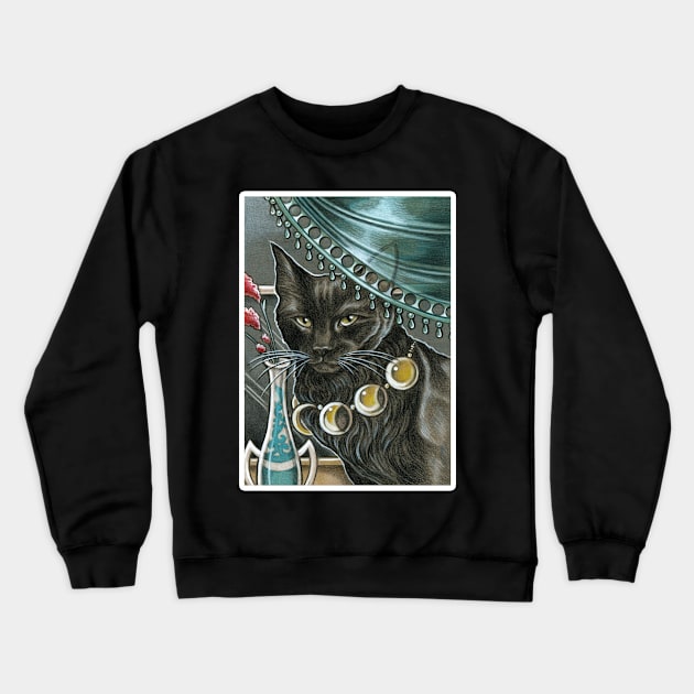 Black Cat with Moon Necklace - White Outlined Version Crewneck Sweatshirt by Nat Ewert Art